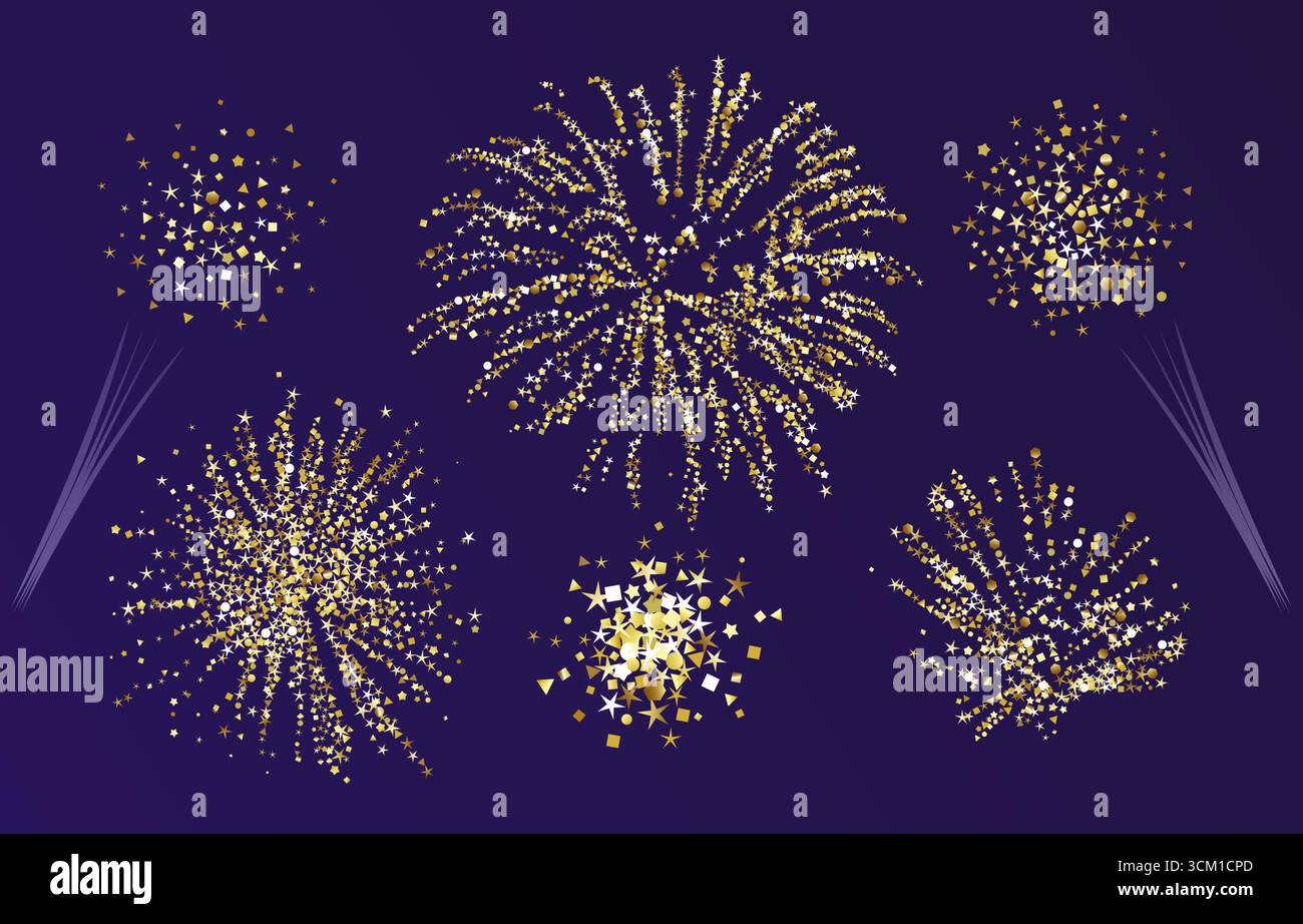 Ensemble de feux d'artifice dorés. Collection de clip art avec effets 3D. Illustration de Vecteur