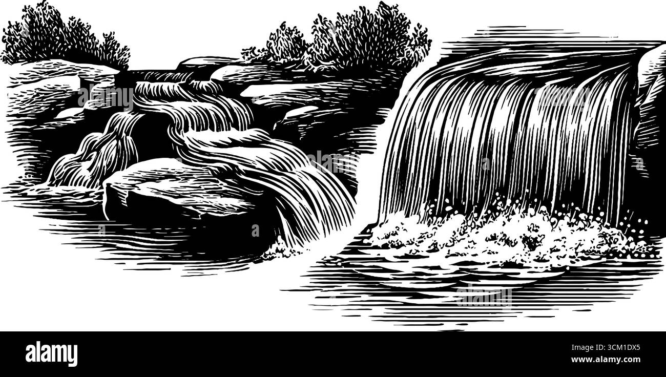 Croquis vintage de la source d'eau de source et scène de ruisseau bouillonnant pour la conception. Illustration de Vecteur