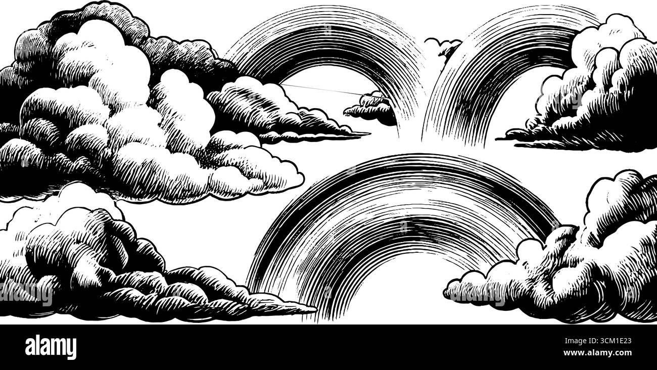 Arcs-en-ciel vintage dessinés à la main et nuages avec des arcs courbés pour un design rétro. Illustration de Vecteur