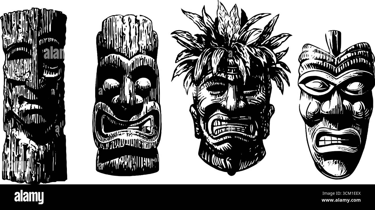 Figurines et sculptures en bois tribales - design de gravure dessiné à la main vintage pour un décor rétro. Illustration de Vecteur