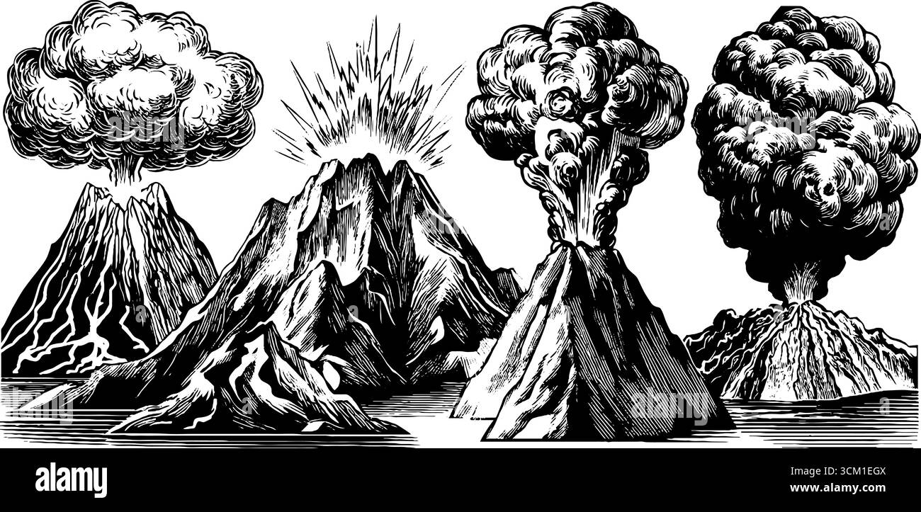 Éruptions volcaniques spectaculaires et coulées de lave dans un style vintage dessiné à la main pour des illustrations de la nature et de la science. Illustration de Vecteur