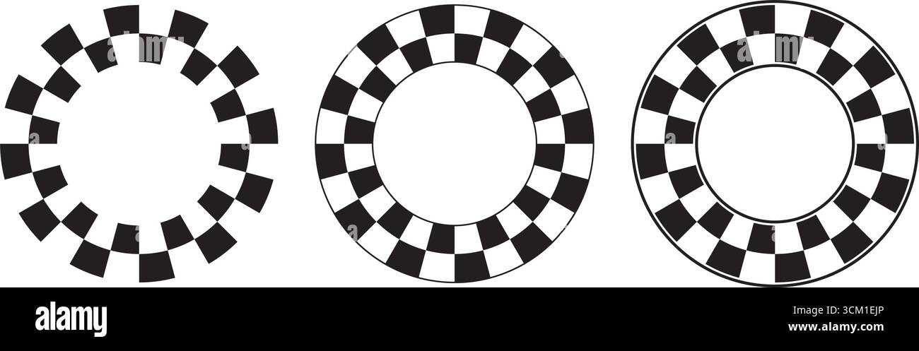 Ensemble de cadres ronds avec imprimé à carreaux noir et blanc. Vignettes en forme de cercle avec damier, drapeau de course ou motif d'avion de jeu d'échecs isolé Illustration de Vecteur