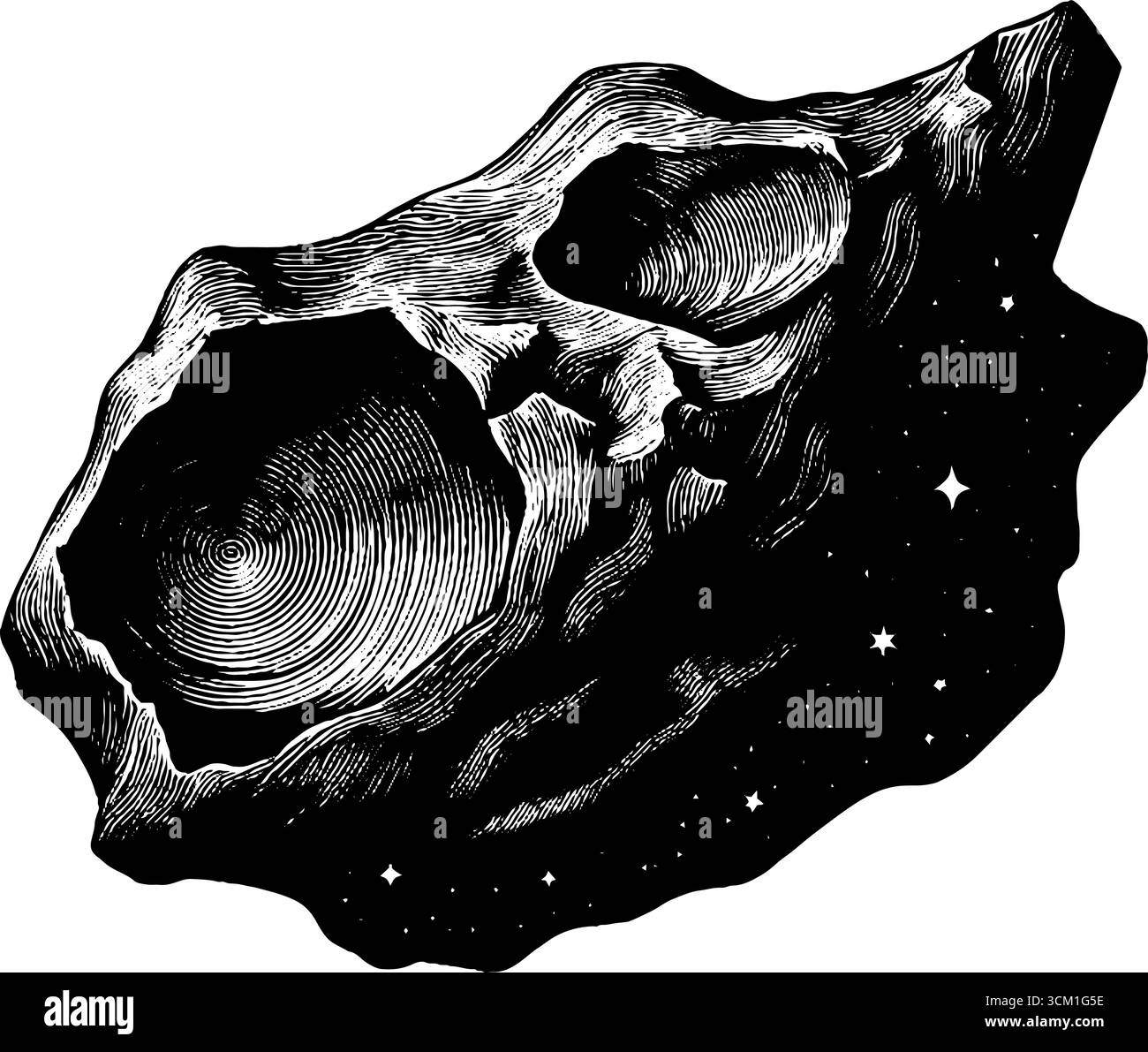 Illustration d'astéroïde gravé vintage avec conception de ciel étoilé pour l'espace entier Illustration de Vecteur