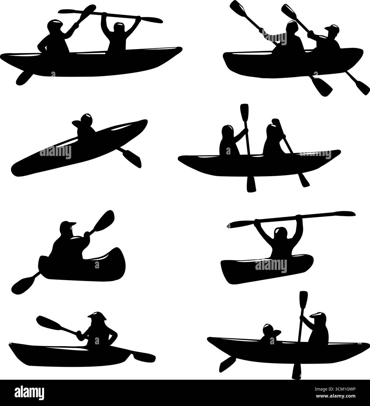 Les gens font du rafting en kayak ou en canoë avec des pagaies dans des bateaux. Kayak silhouettes sportives de personnes utilisant un kayak pour se déplacer sur l'eau. Illustration de Vecteur