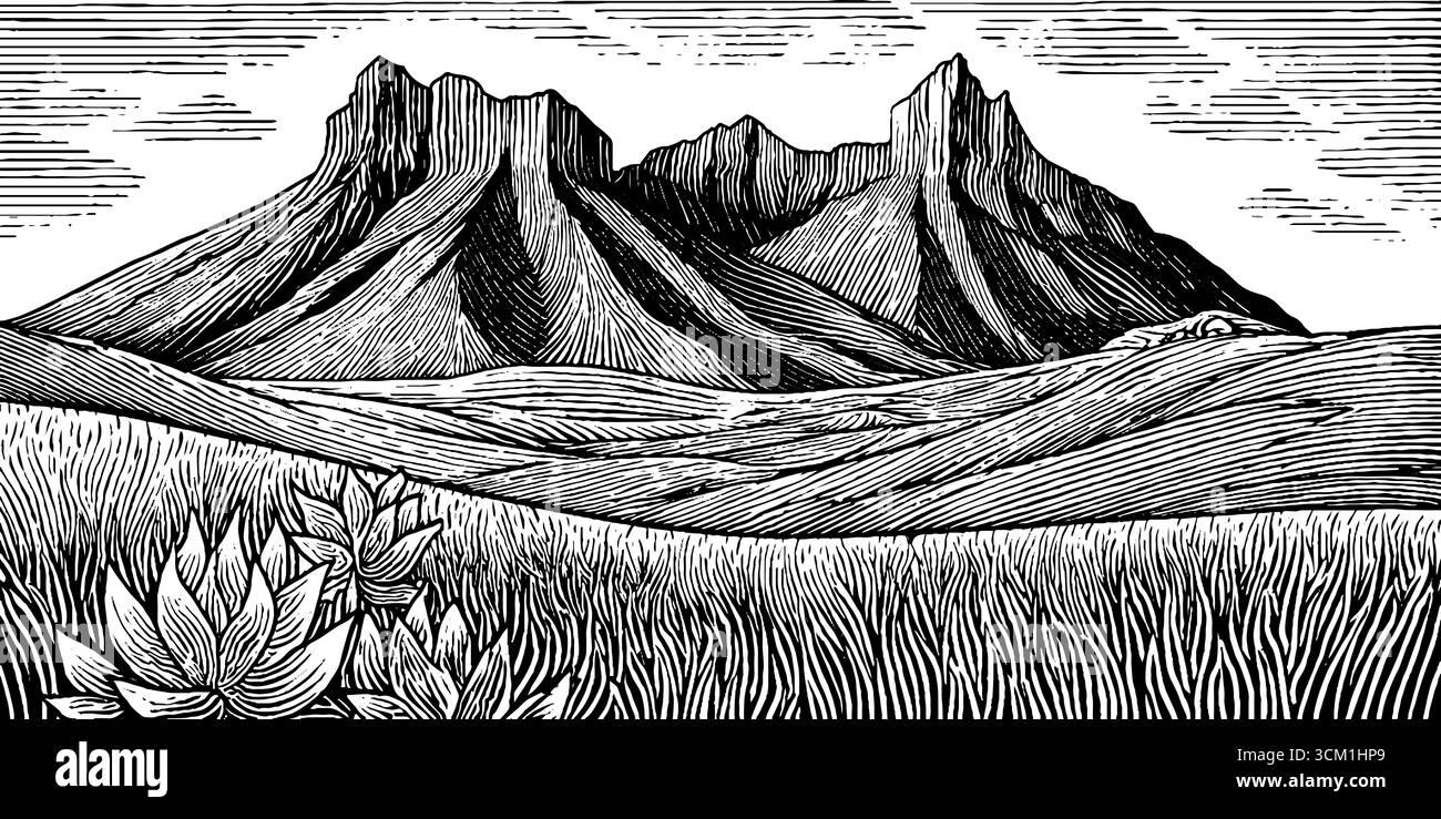 Paysage noir et blanc dessiné à la main avec des montagnes et silhouette de prairie. Illustration de Vecteur