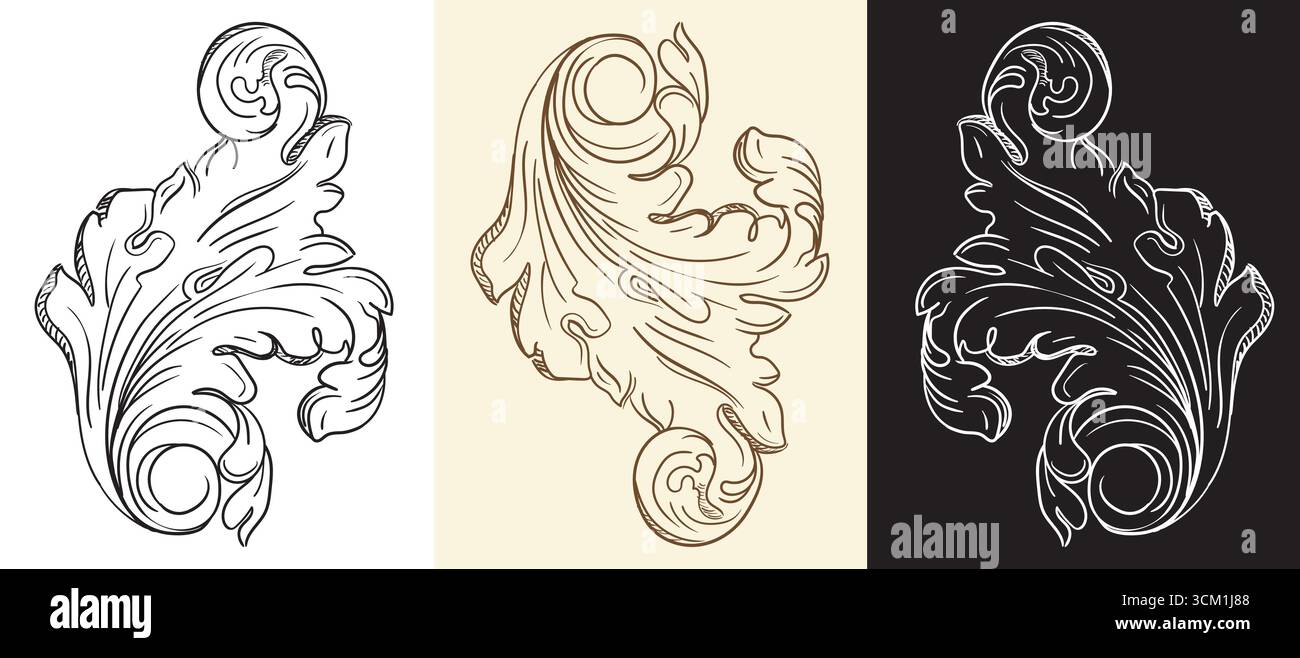 Collection de dessin à la main rétro éléments de conception baroque feuille. Bordure de cadre victorien vintage, style de gravure des feuilles de défilement. Illustration vectorielle isolée Illustration de Vecteur