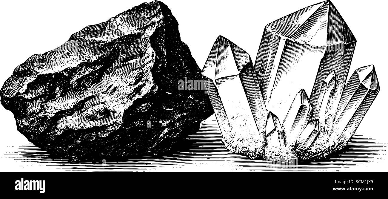 Cristal de quartz vintage détaillé et croquis de basalte pour la conception et la décoration. Illustration de Vecteur