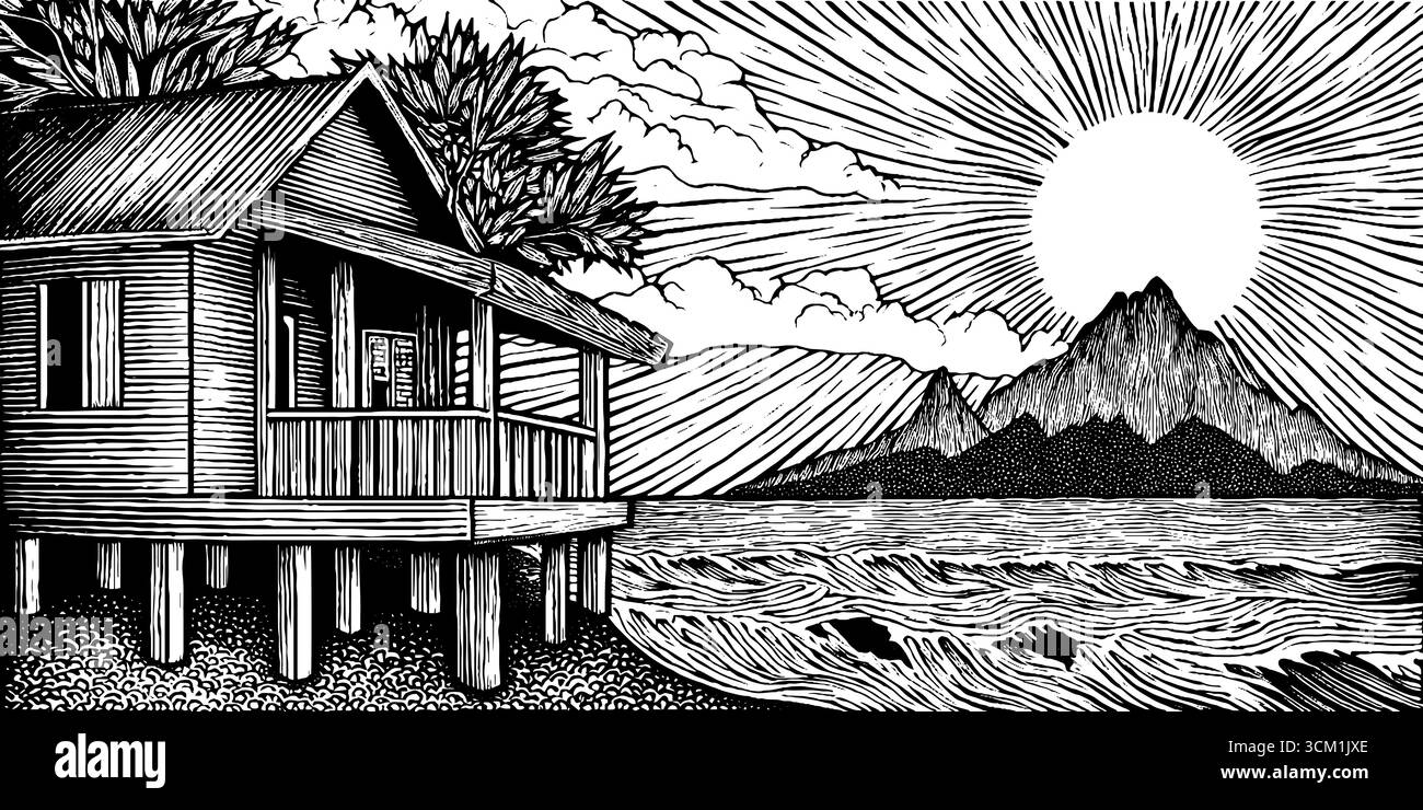Cabane herbeuse vintage sur pilotis par baie avec un ensoleillement sur les montagnes, scène dessinée à la main en noir et blanc. Illustration de Vecteur
