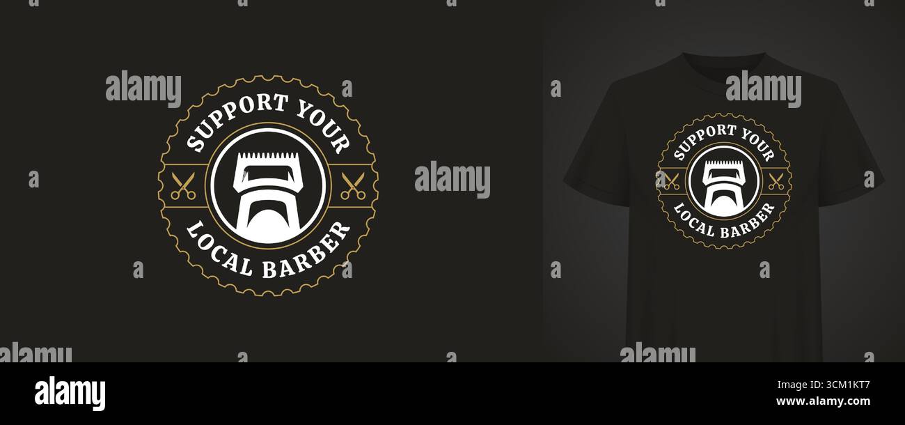 Illustration vectorielle avec un design rétro un logo stylisé de barbershop sur un t-shirt noir. Le texte support votre coiffeur local est fait dans un style vintage. Illustration de Vecteur