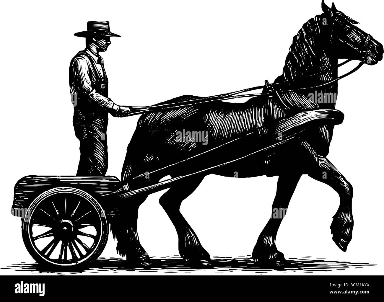 Scène agricole vintage avec fermier conduisant cheval et chariot pour un décor rustique. Illustration de Vecteur