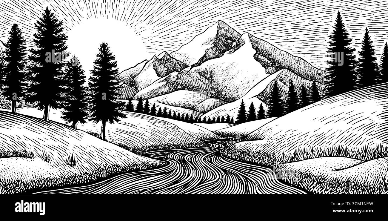 Forêt de taïga sereine en hiver avec des montagnes enneigées. Illustration de Vecteur