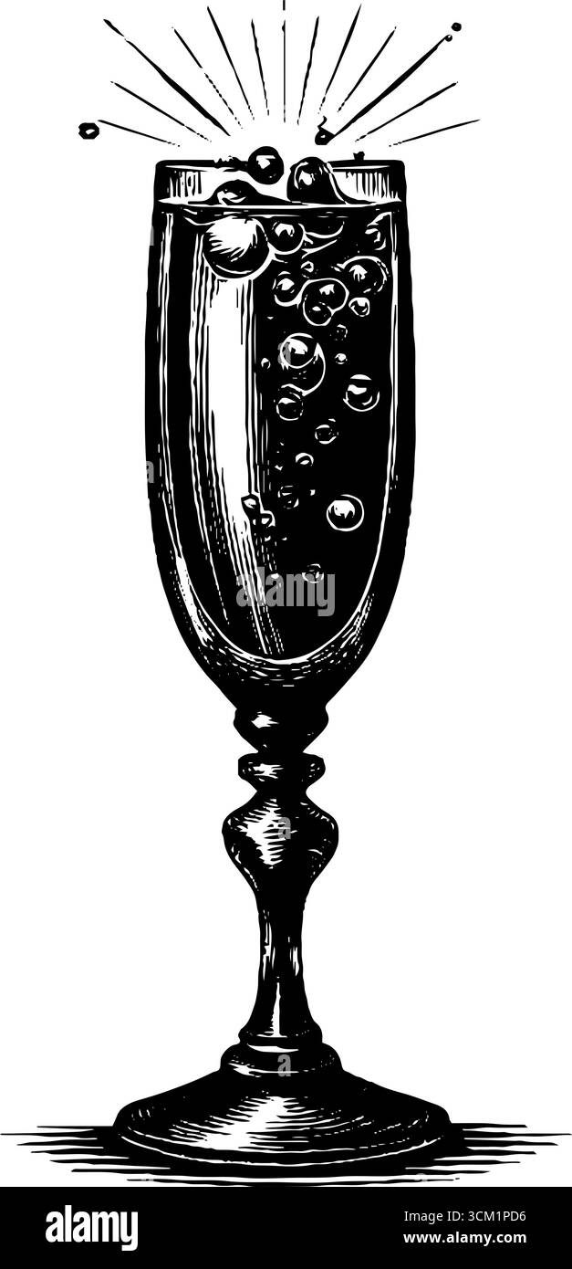 Flûte à champagne vintage avec gravure à bulles pour un design festif. Illustration de Vecteur