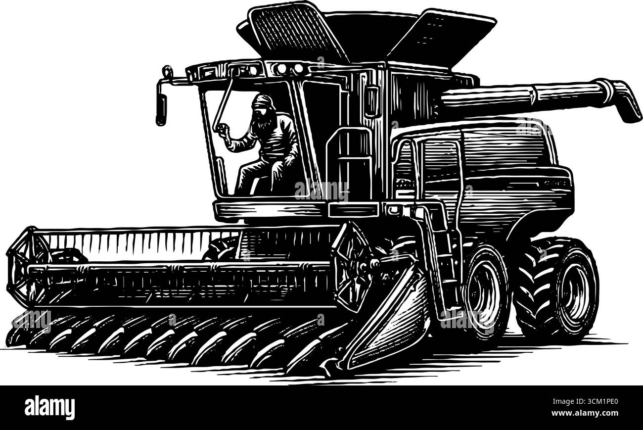 Illustration gravée vintage de l'agriculteur conduisant moissonneuse-batteuse pour la conception de l'agriculture. Illustration de Vecteur