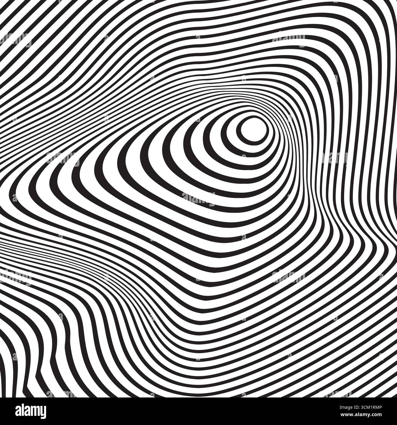 Motif psychédélique avec cercles noirs et blancs concentriques courbes. Illusion d'optique hypnotique. Papier peint abstrait. Imprimé rayé ondulé. Hypnothérapie ou Illustration de Vecteur