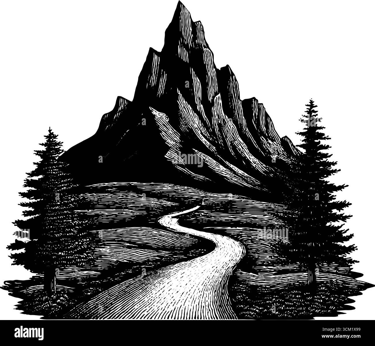 Paysage gravé avec chemin de montagne et pins dans un style vintage. Illustration de Vecteur