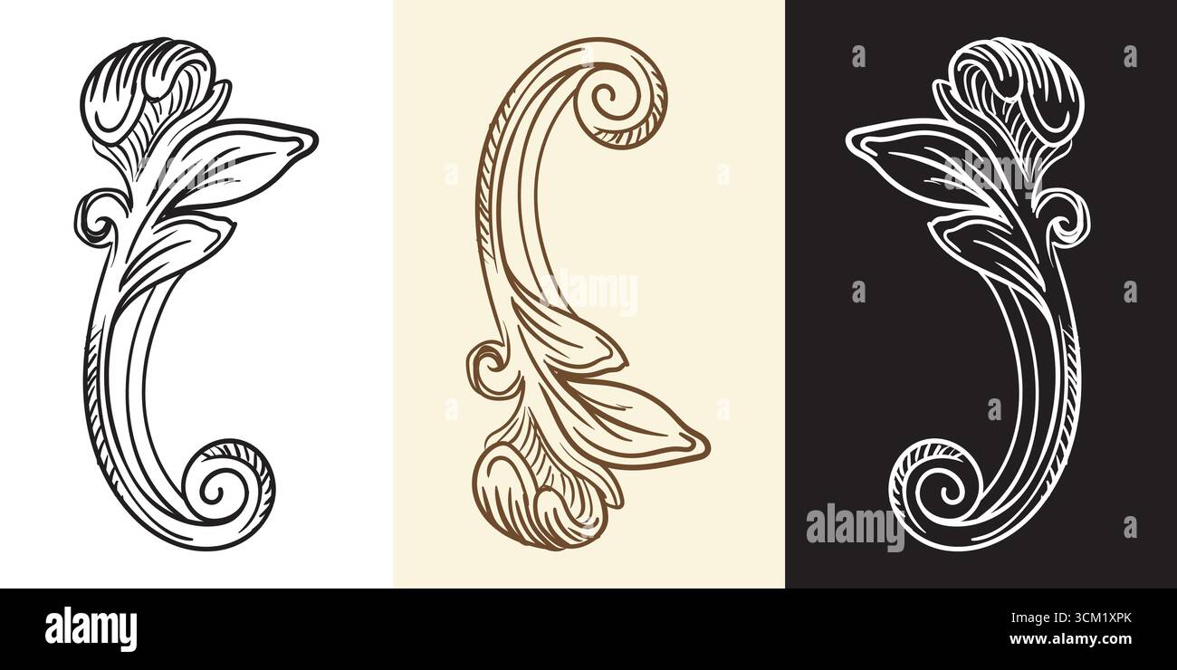 Ensemble de feuilles de défilement d'élément de design baroque rétro dessinant à la main. Ornement floral victorien vintage, style de gravure. Illustration de gravure vectorielle isolée Illustration de Vecteur