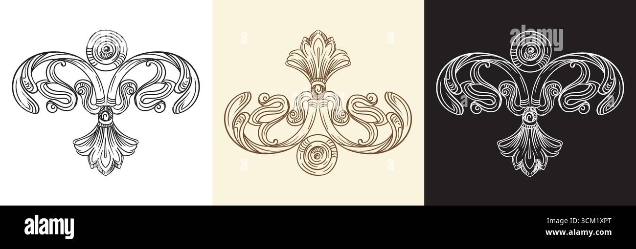 Paquet d'éléments de design baroque rétro dessinant à la main. Style de gravure en spirale d'ornement floral victorien vintage. Illustration de gravure vectorielle isolée Illustration de Vecteur