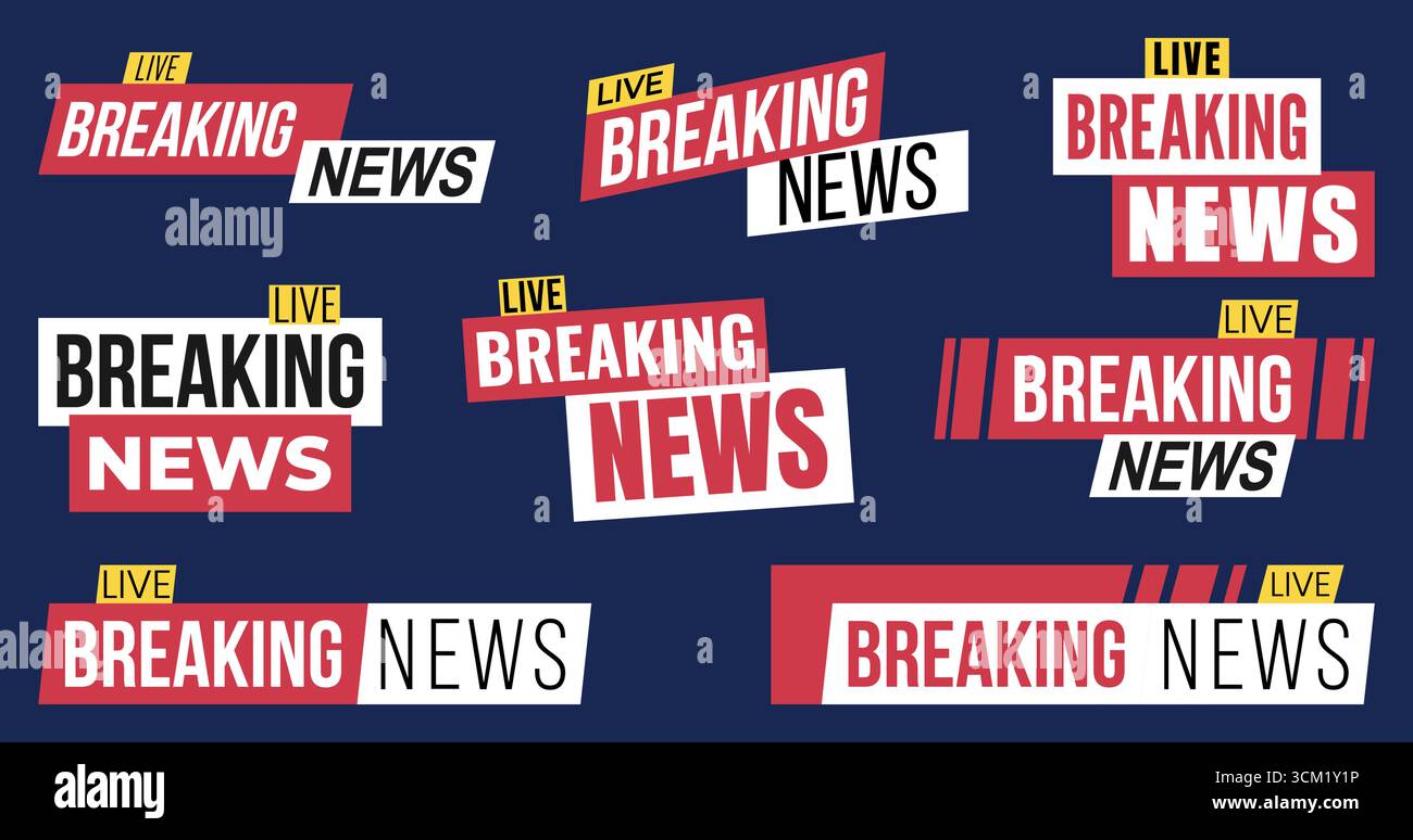 Alertes d'actualités de style plat avec balises actives et design à contraste élevé, adaptées au contenu vidéo, aux actualités des médias sociaux et aux reportages en temps réel. Parfait Illustration de Vecteur