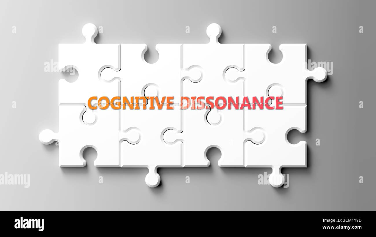 La dissonance cognitive en tant que sujet complexe, lié à des sujets importants se propageant comme un nuage de mots. Banque D'Images