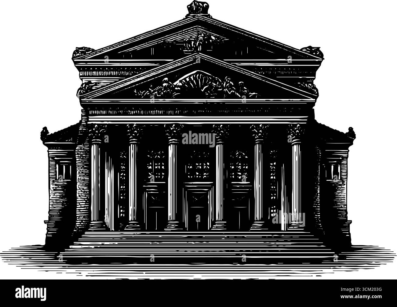 Gravure vintage de façade de théâtre grec - conception architecturale et histoire. Illustration de Vecteur