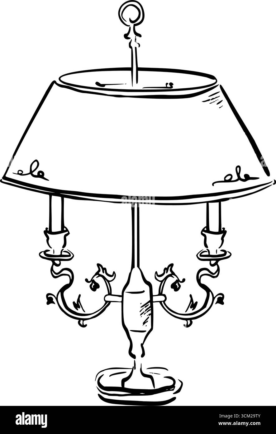 Élégante lampe de table vintage avec des détails ornés. Illustration vectorielle fantaisiste d'esquisse rapide de dessin au trait. Parfait pour les tirages, la papeterie, le journal, le soutien-gorge Illustration de Vecteur