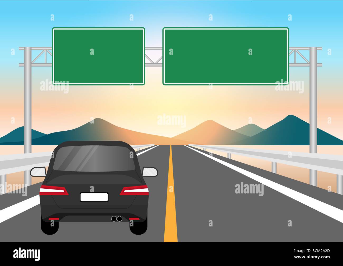 Voiture conduisant sur l'autoroute ou la route asphaltée avec panneau de signalisation. Illustration vectorielle. Illustration de Vecteur