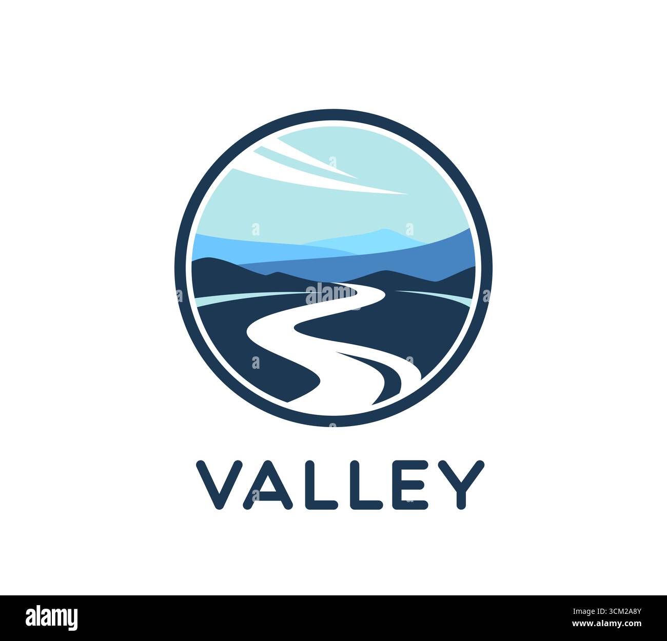 Rivière de montagne et icône de vallée du paysage naturel pour le voyage ou l'agriculture, emblème vectoriel. Flux de rivière dans la vallée de montagne ou les champs avec le ciel et la silhouette de nuages dans le signe rond pour l'icône d'affaires de l'entreprise Illustration de Vecteur