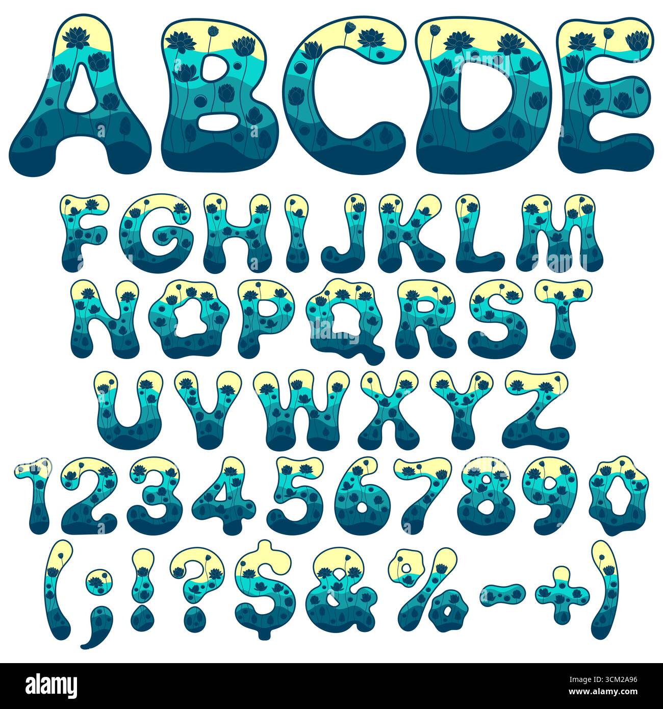 Police, alphabet, lettre, nombre avec nénuphar, lotus dans l'eau. Objets vectoriels isolés sur fond blanc. Illustration de Vecteur