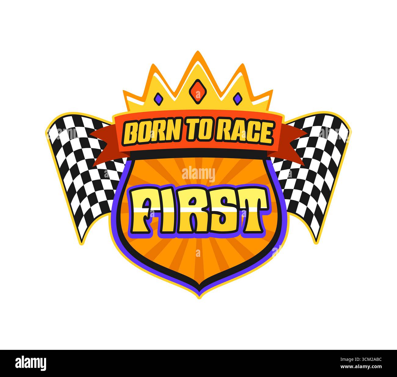 Autocollant ou étiquette de sport automobile rétro Y2K de course automobile. Patch ou étiquette vectorielle de championnat de course de dragsters Y2K. Autocollant de sport automobile de course de voiture avec drapeau à damier, couronne d'or et Born to race citation Illustration de Vecteur