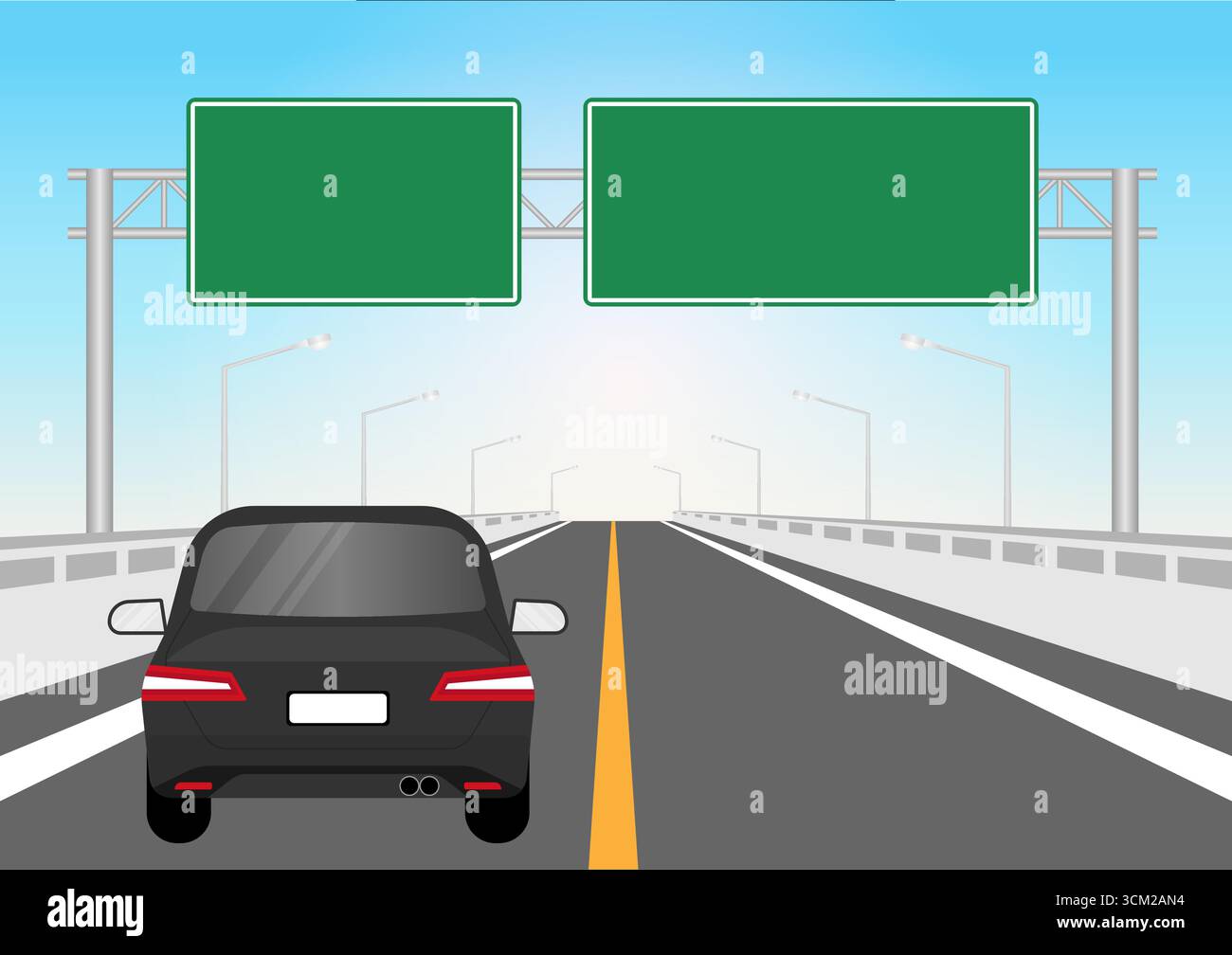 Voiture conduisant sur l'autoroute ou la route asphaltée avec panneau de signalisation. Illustration vectorielle. Illustration de Vecteur