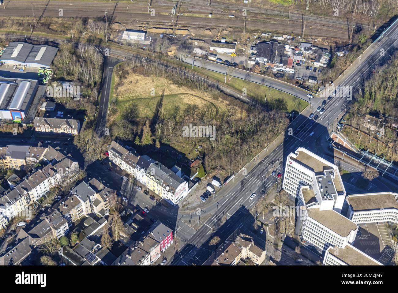Vue aérienne, nouvel emplacement possible pour le quartier général de la police, Tannenbergstrasse coin Muelheimer Strasse, Marienviertel, Oberhausen, Ruhr zone, Nord R Banque D'Images