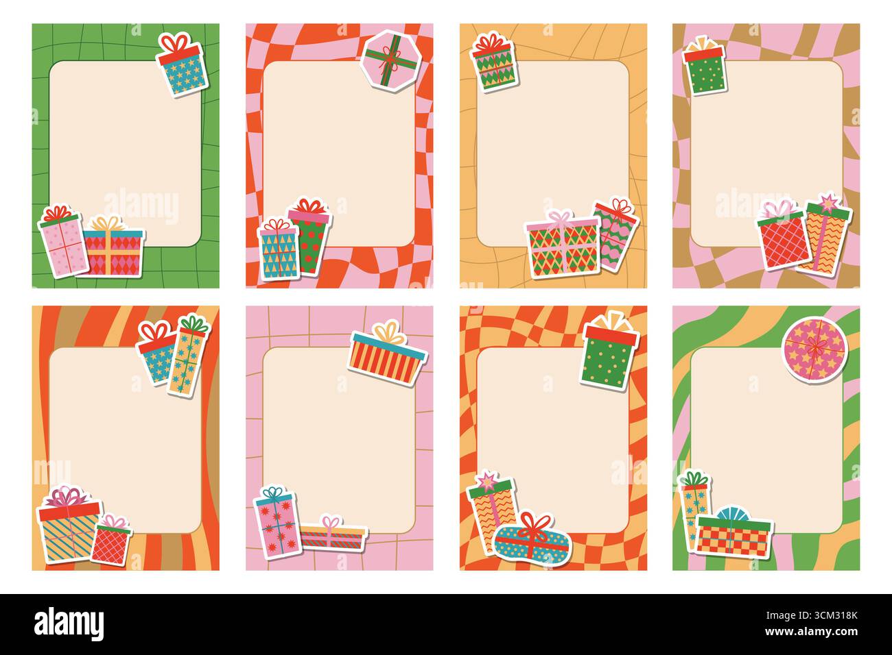 Ensemble de cartes de Noël de style groovy avec des cadres plats de dessin animé, des autocollants de boîtes-cadeaux, des feuilles de carnet. Clipart coloré amusant dessiné à la main pour des vacances festives Illustration de Vecteur