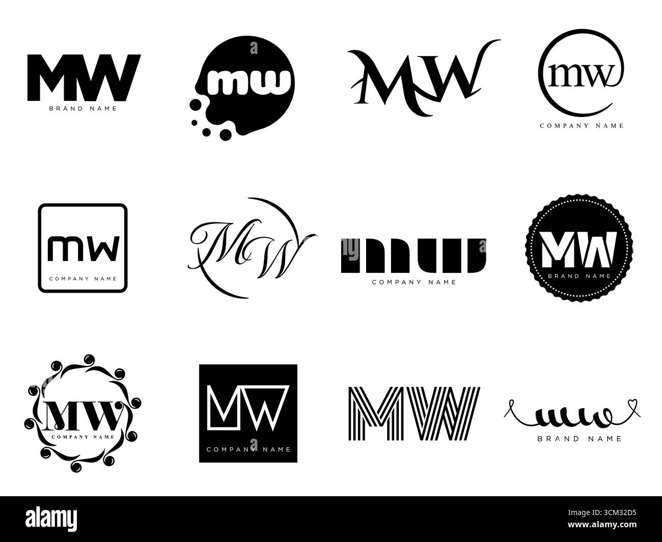 Modèle d'entreprise avec logo MW. Lettre m et w logotype. Définissez différents lettrage serif classique et texte audacieux moderne avec des éléments de design. Typog. Police initiale Illustration de Vecteur