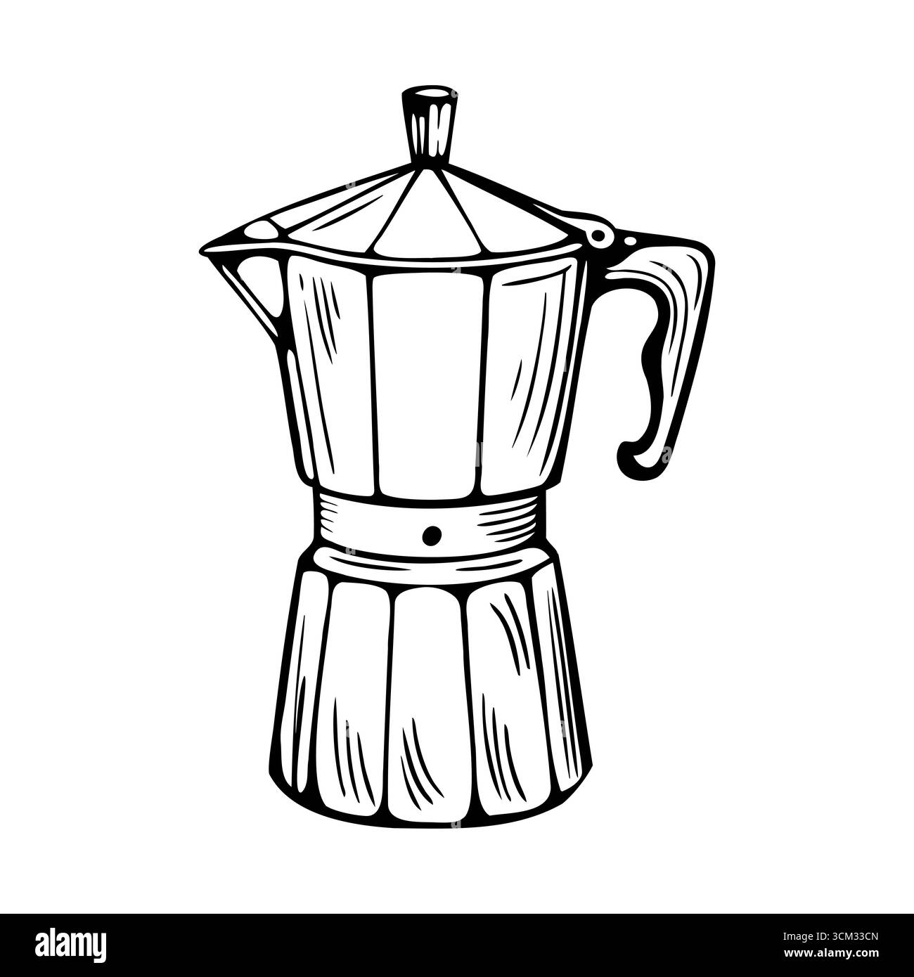 Une cafetière expresso classique sur la cuisinière au style artistique simple. Le design présente une forme géométrique avec une poignée et un couvercle, idéal pour le café Illustration de Vecteur