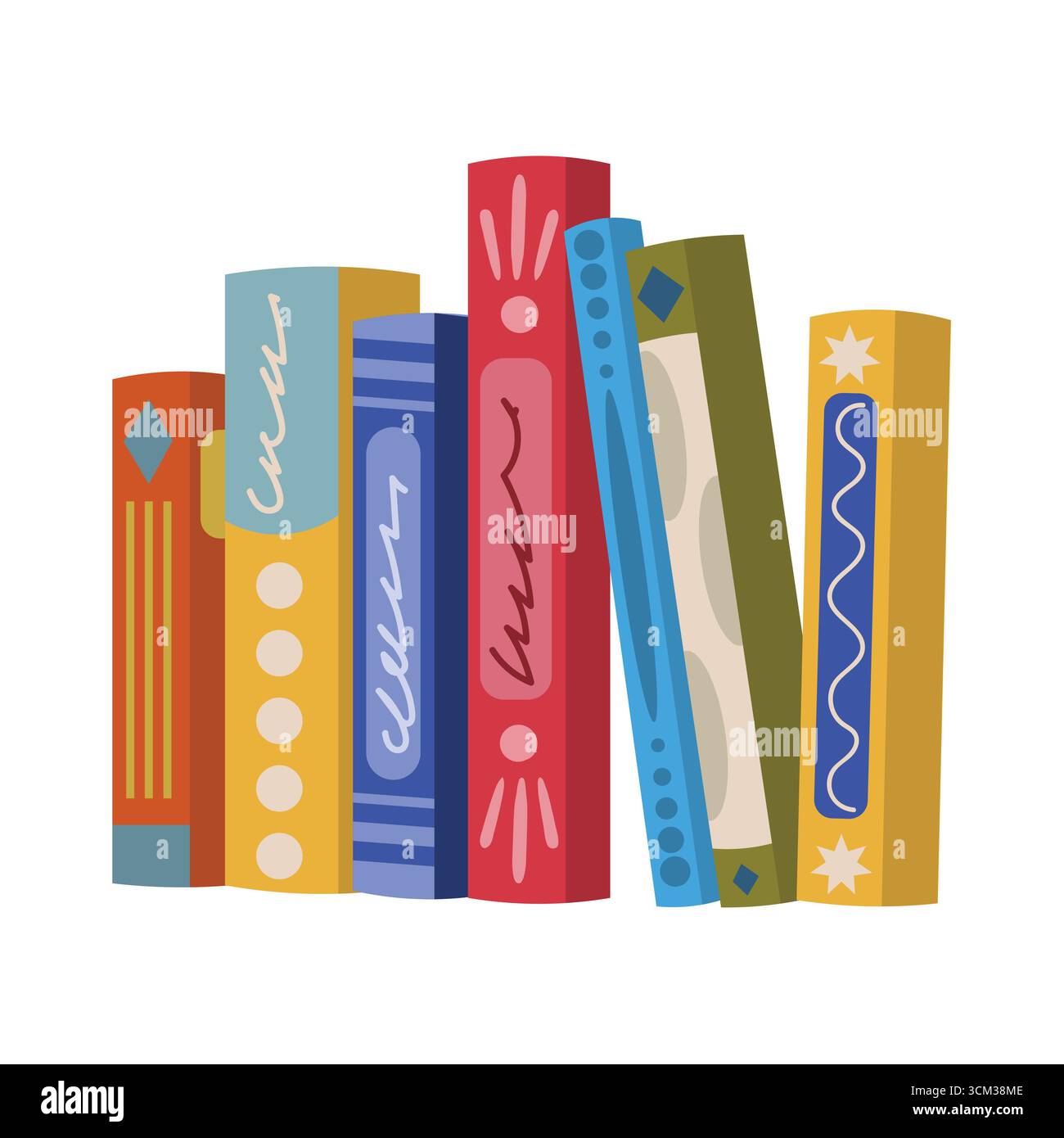 Livres de style plat de dessin animé debout dans une rangée. Clipart coloré lumineux dessiné à la main pour l'école, l'étude, la lecture, l'éducation, la bibliothèque, connaissances et académiques Illustration de Vecteur