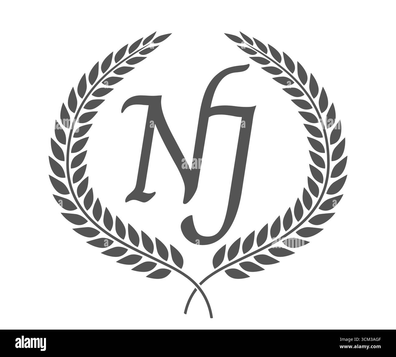 Lettre initiale N et J, logo monogramme NJ avec couronne de laurier. Emblème de luxe avec police calligraphie. Illustration de Vecteur