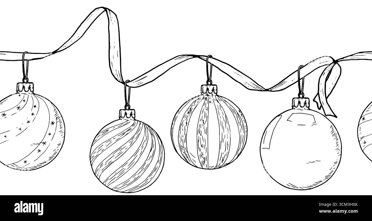 Boules de Noël avec des rubans, croquis. Illustration vectorielle. Bordure horizontale sans couture, modèle avec décoration de vacances du nouvel an, isolé sur b blanc Illustration de Vecteur