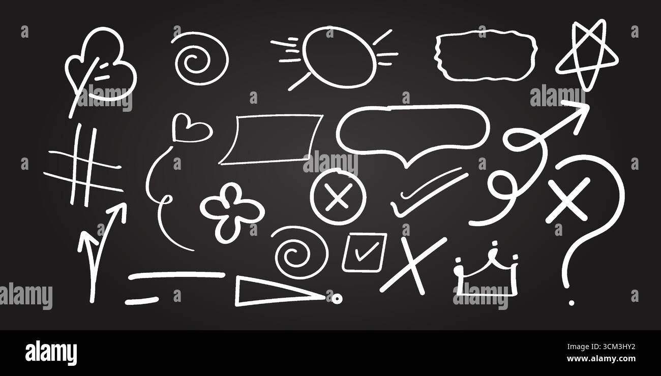 Tableau noir avec des formes dessinées à la main et des symboles pour l'éducation et les éléments de conception sur un fond sombre Illustration de Vecteur