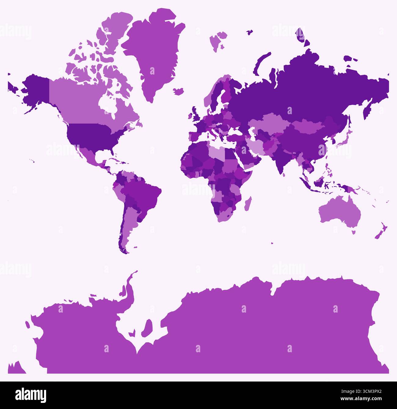 Carte du monde. Une carte de frontière simple avec les divisions de pays. Palette de couleurs violettes. Carte vierge avec division administrative. Illustration vectorielle. Illustration de Vecteur