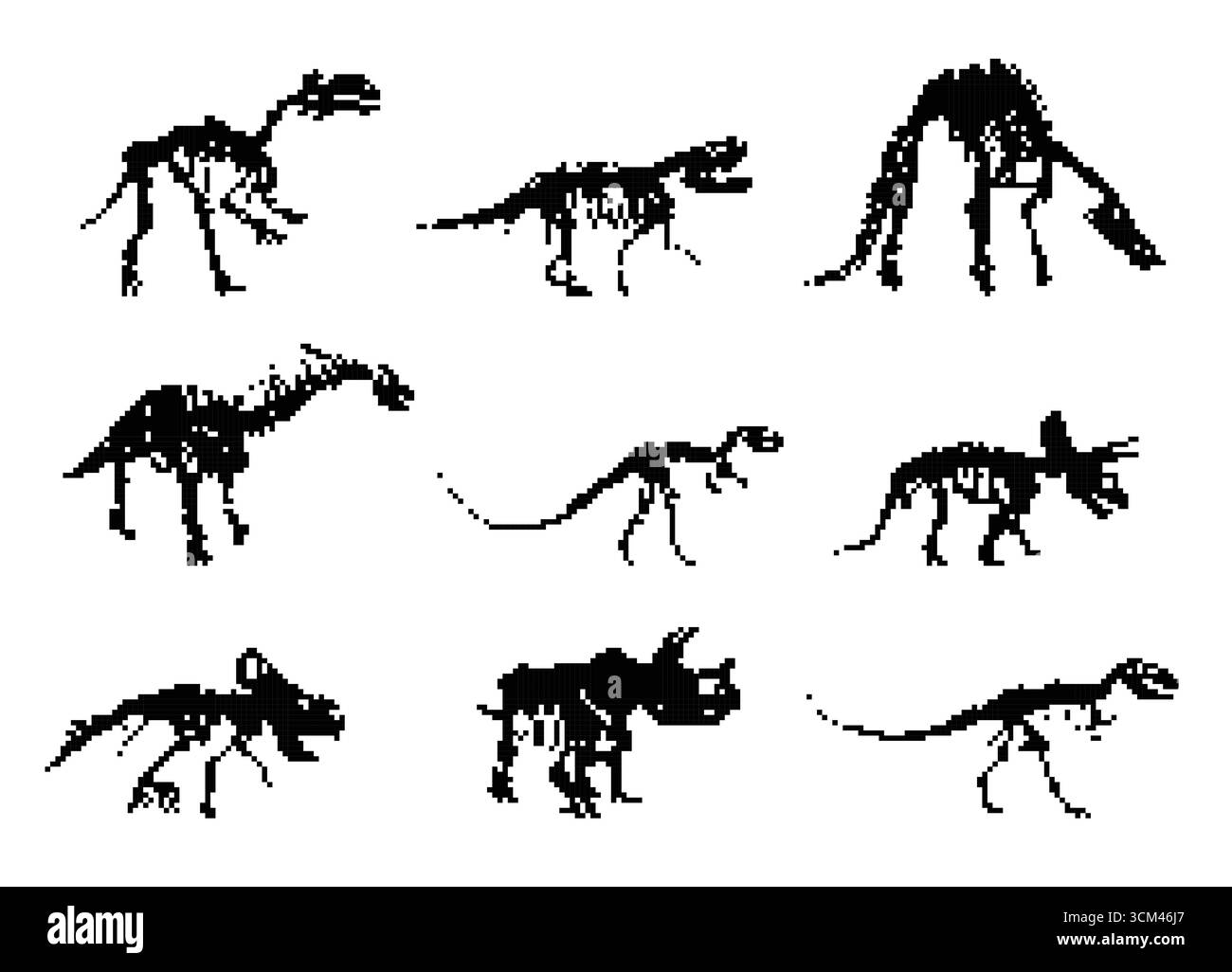 Définir les silhouettes de pixels squelettes dinosaures. Illustration de Vecteur