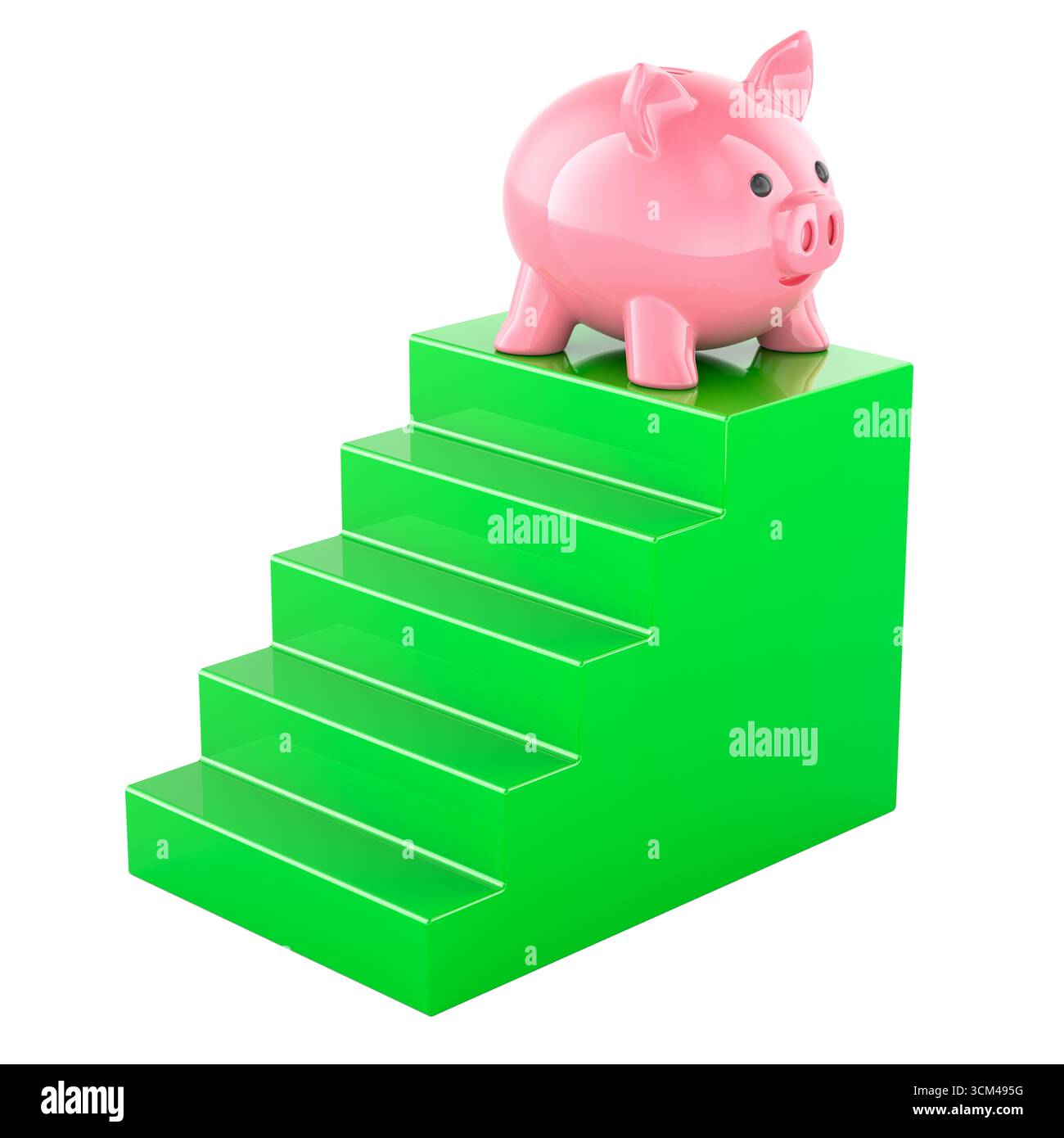 Escaliers du podium avec tirelire. Croissance financière, concept. Rendu 3D isolé sur fond blanc Banque D'Images