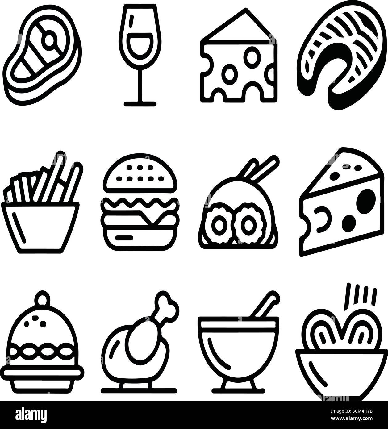 Icônes culinaires gastronomiques minimums dans des illustrations dessinées à la main avec hamburgers, sushis, steak, fromage, vin, etc Illustration de Vecteur