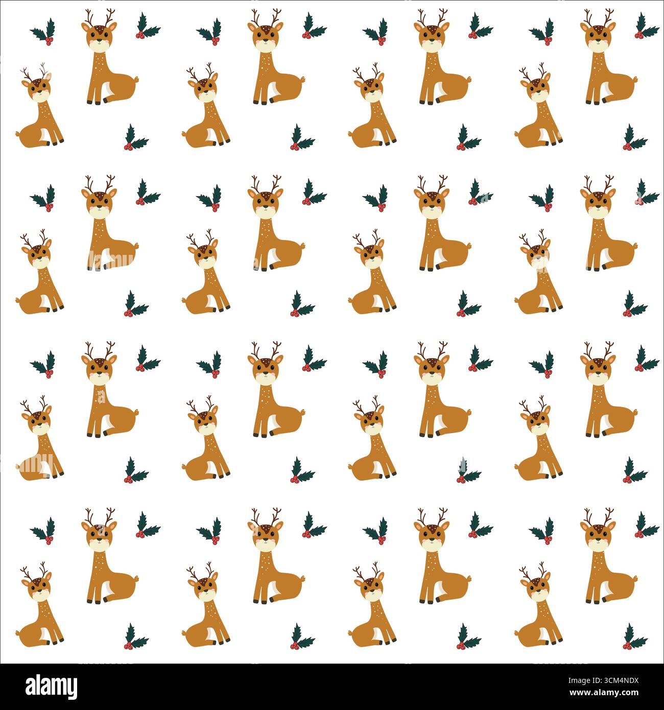 Charmante illustration de motif renne avec cerf ludique et feuilles de houx, parfait pour les motifs et décorations sur le thème des fêtes Illustration de Vecteur