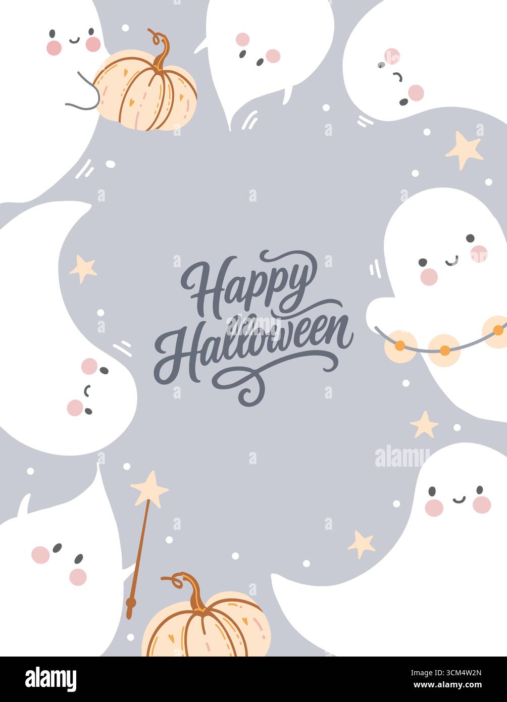 Affiche, flyer, carte avec de mignons petits fantômes et lettrage Happy Halloween pour la fête d'automne. Illustration vectorielle avec fantômes drôles, citrouilles, étoiles et baguette magique dans des couleurs pastel. Design pour enfants. Cadre avec fond gris. Modèle de carte postale Illustration de Vecteur