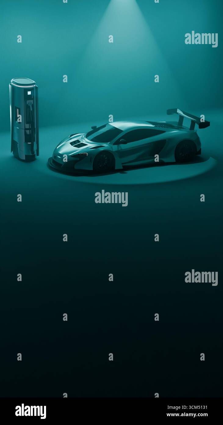 Une voiture de sport électrique futuriste est exposée sous les projecteurs tout en étant connectée à une station de recharge moderne avec un fond turquoise spectaculaire et des s minimalistes Banque D'Images
