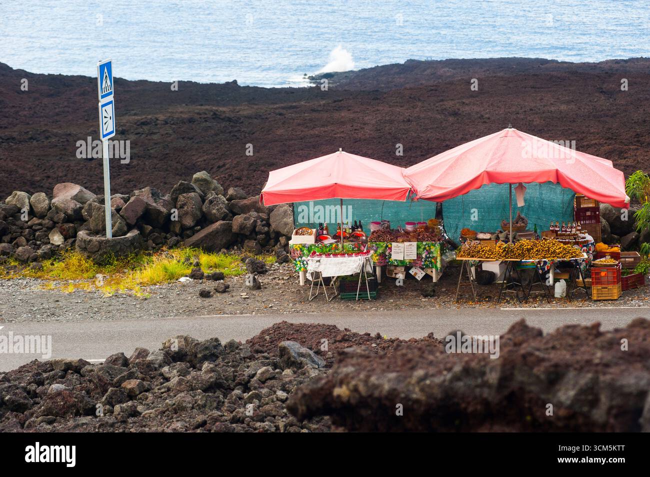 Vendeur de produits locaux sur le bord de la route sur la côte nommé 'le Grand Brule' sur la partie sud-est de l'île de la Réunion, département d'outre-mer de Fra Banque D'Images