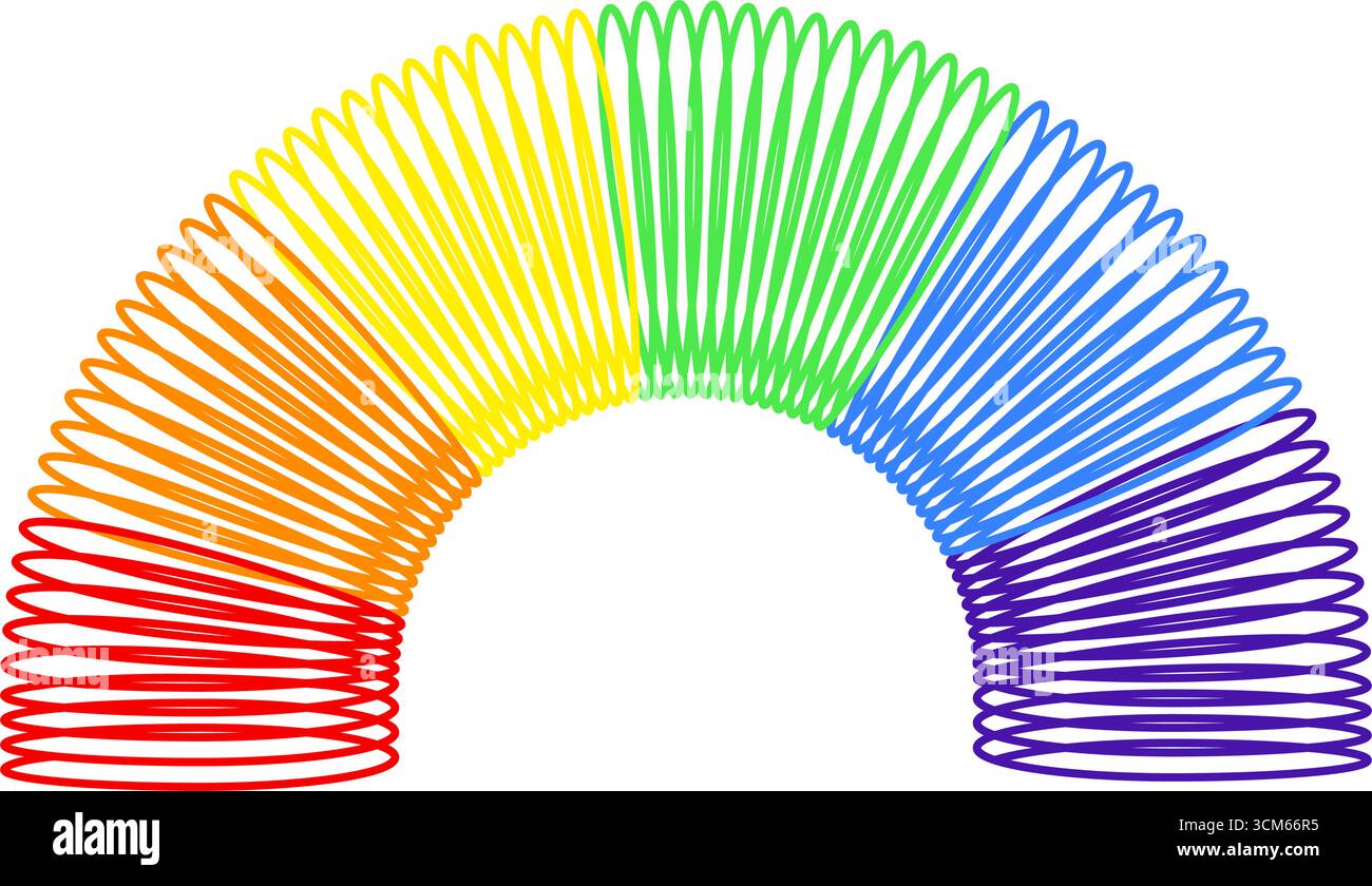 Ressort flexible arc-en-ciel en forme d'arc isolé sur fond blanc. Enfants slinky jouet populaire dans les années 90 Spirale élastique multicolore en plastique. Concept rétro. Illustration vectorielle plate. Illustration de Vecteur