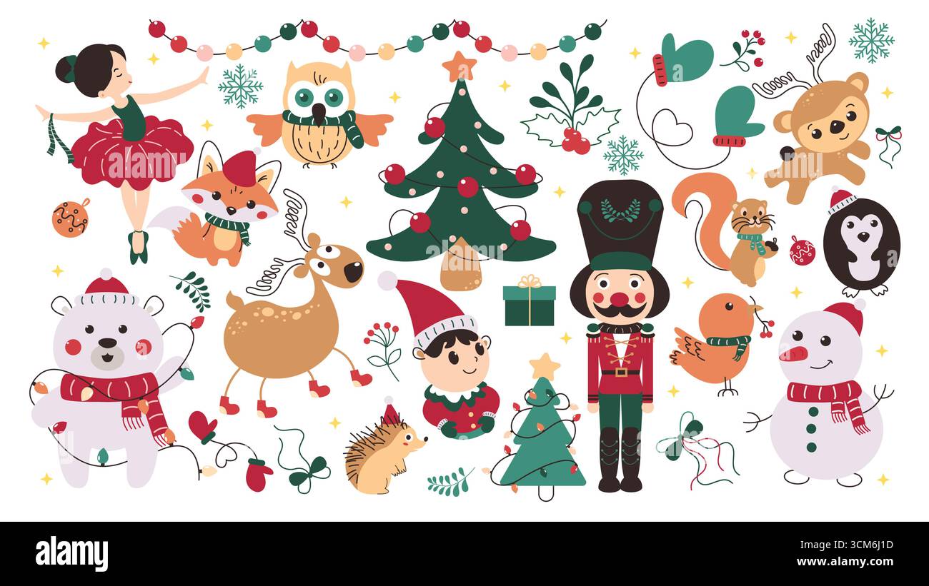 Ensemble d'éléments mignons et personnages de Noël clip art. Élément de décoration de Noël et du nouvel an et ornements clip art dessin comme casse-noix Illustration de Vecteur
