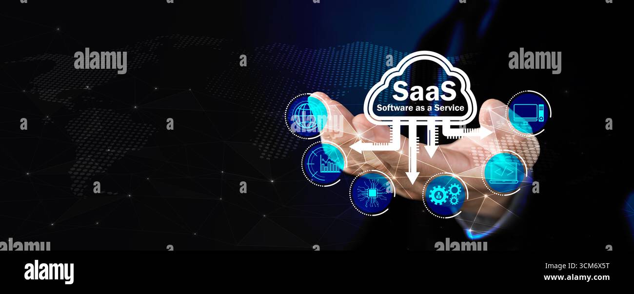Gros plan de l'icône cloud SaaS de main d'entreprise avec réseau de technologie numérique. Concept de logiciel en tant que service, cloud computing, gestion des données, Banque D'Images