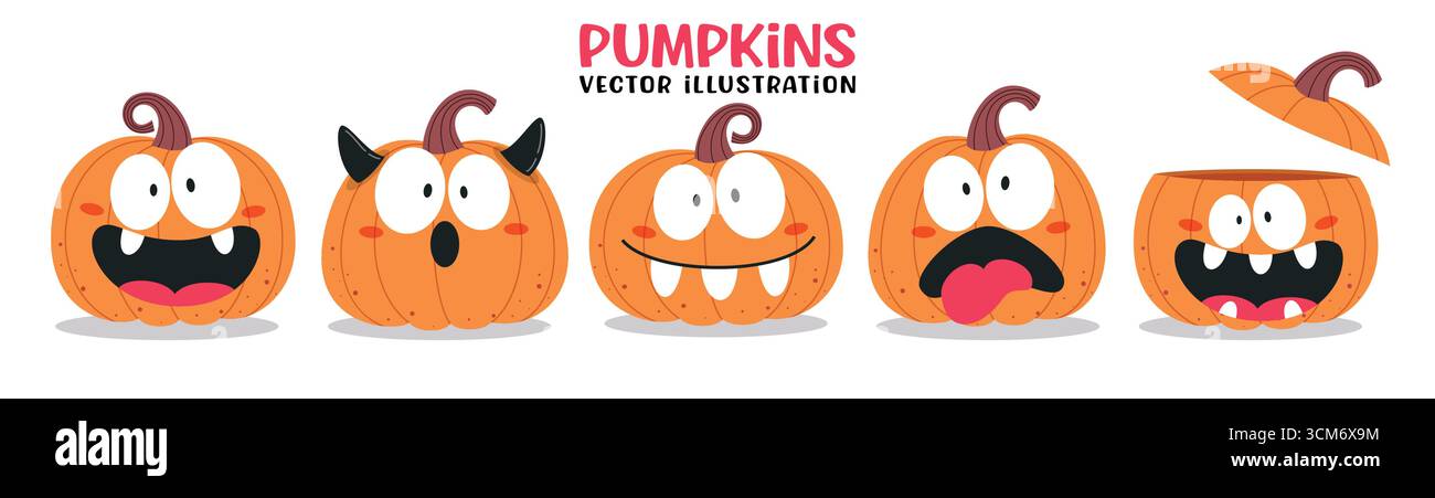 Ensemble de cliparts de personnage de dessin animé de citrouilles. Visages de citrouille orange d'Halloween dans la collection clip art mignon, effrayant, drôle, maléfique et stupide pour la saison des fêtes Illustration de Vecteur
